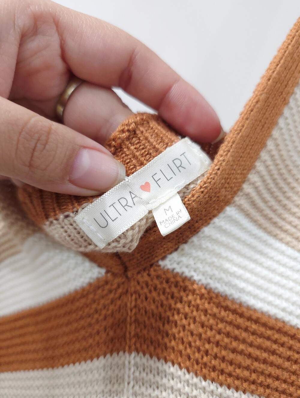 ULTRA FLIRT Boho Crochet Knit Stripe Mini Dress, Vacation, Festival, Cream Brown - Picture 5 of 10